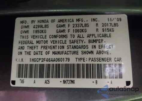 2010 Honda Accord 2.4 Lx-P z USA, uszkodzony, nr VIN 1HGCP2F46AA060179